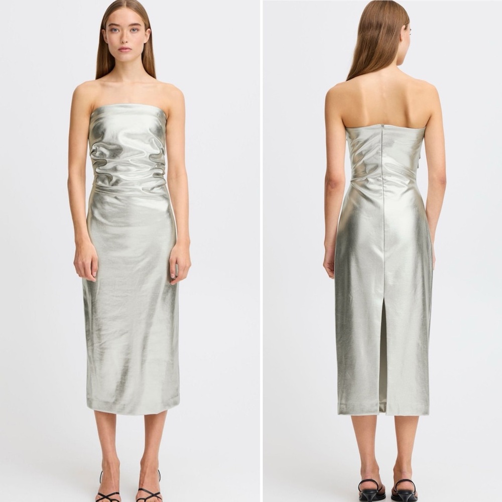 ICHI Kate Silver Metallic Faux Leather Draped Strapless Midi Dress Medium